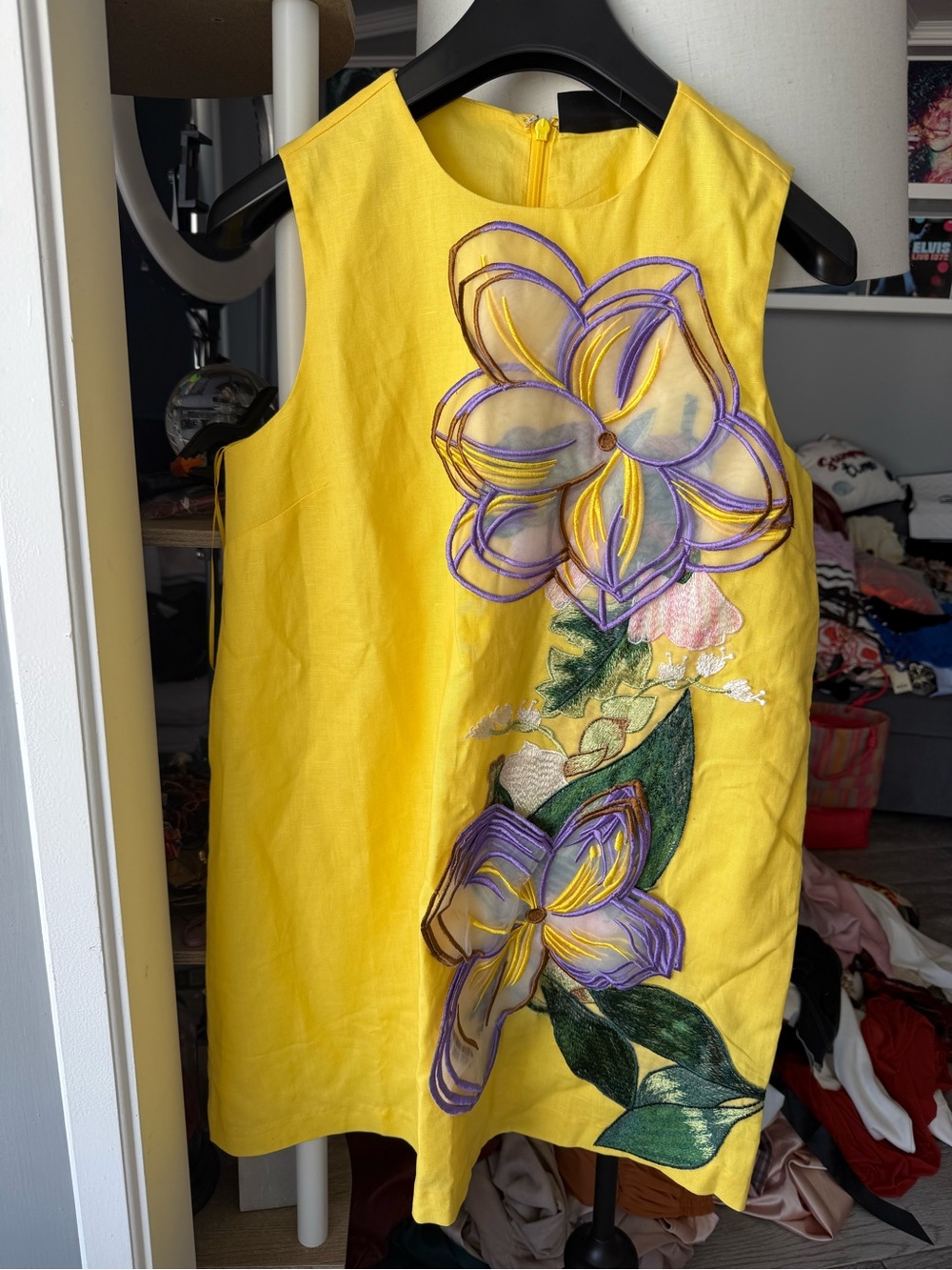 Vici Yellow Sleeveless Dress with Purple Floral Embroidery